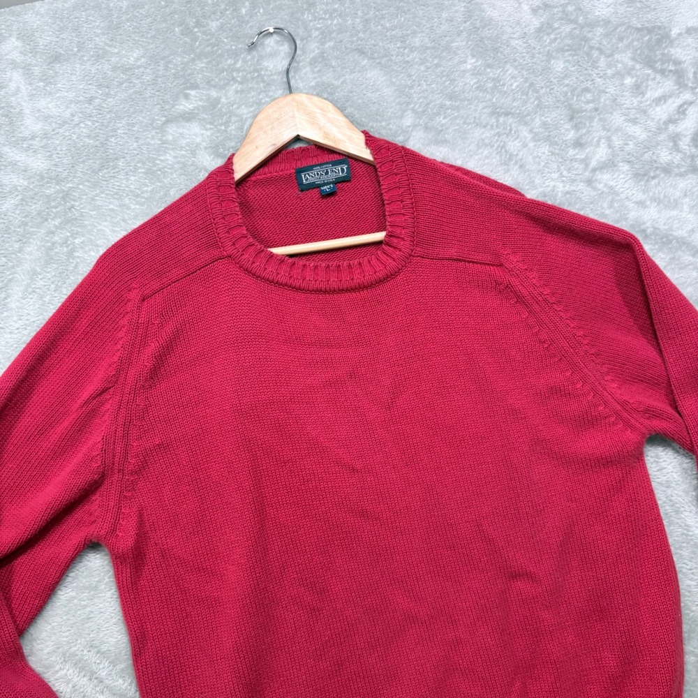 Lands‎ End Sweater Mens L Red Cotton Shaker Knit Crewneck Made in USA Raglan